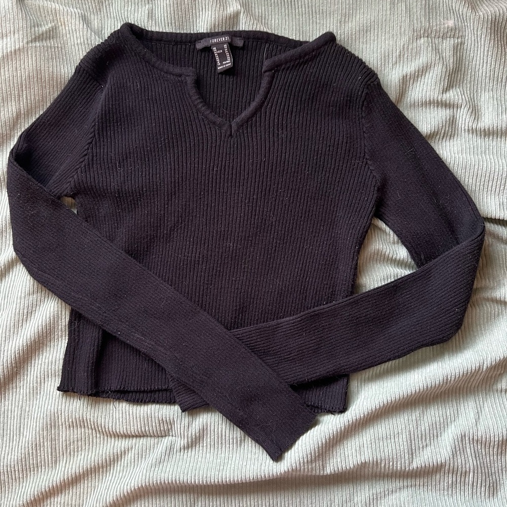 Black Ribbed V-Neck Sweater